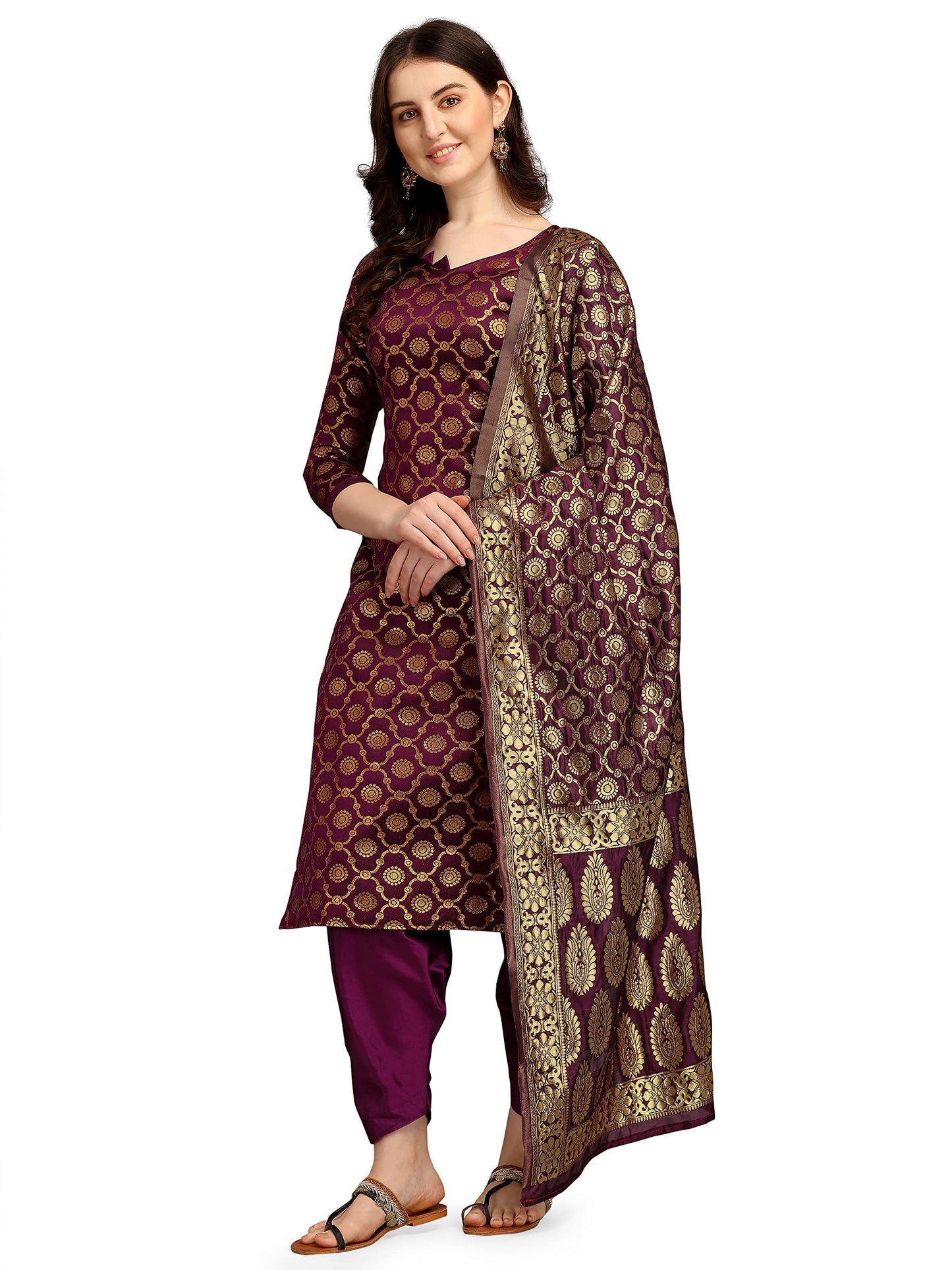 EthnicJunction Women's Woven Jacquard Banarasi Silk Blend Salwar Suit Material With Banarasi Dupatta