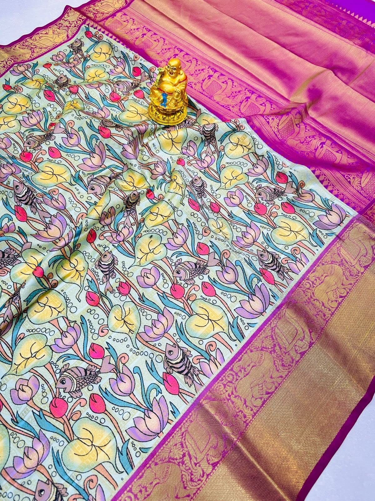 SGF11 Women's Kalamkari Kanjivaram Pure Soft Silk Handloom Saree Pure Golden Zari With Blouse Piece