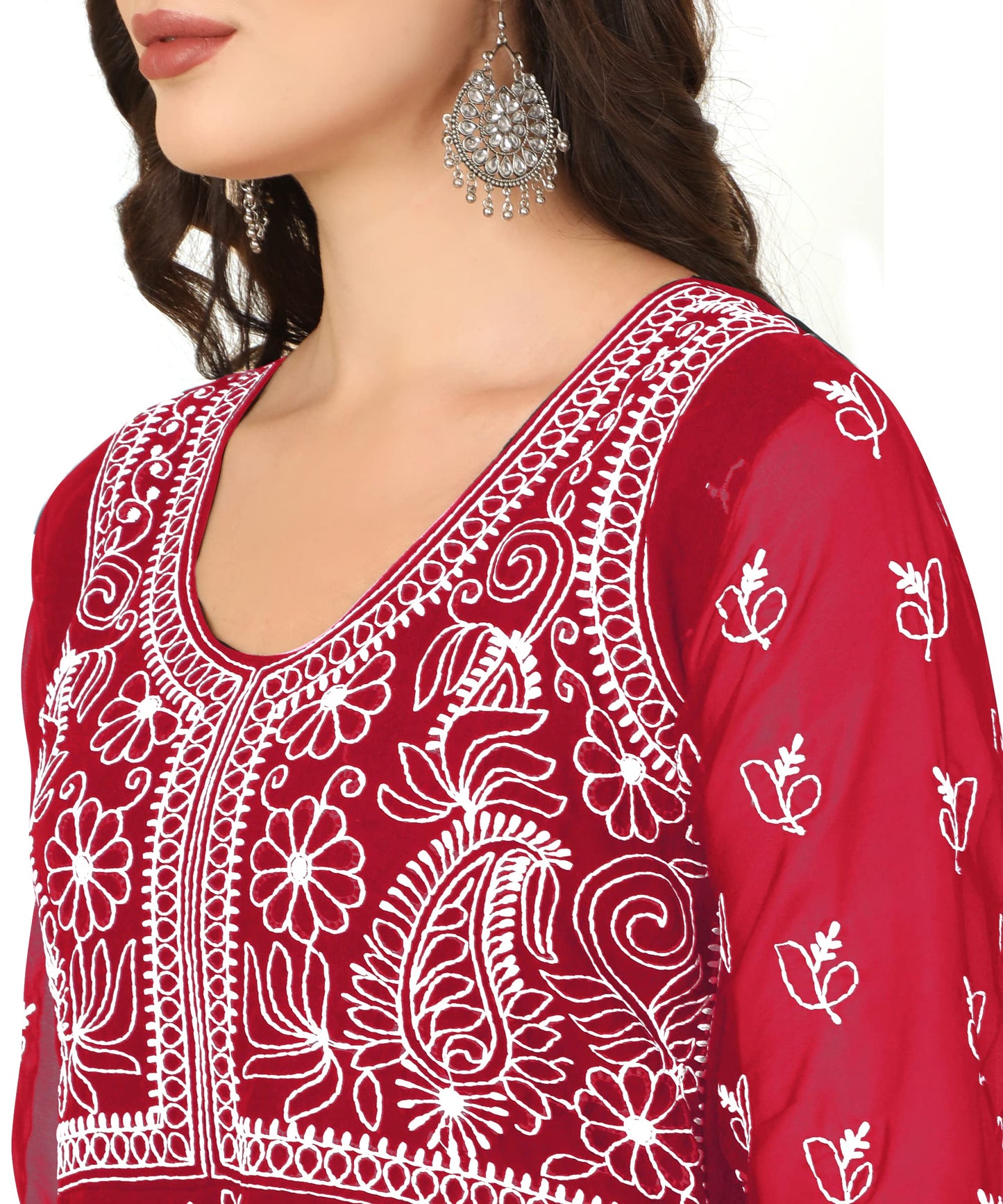 EthnicJunction Women's Lucknowi Chikankari Embroidered Thread Work Georgette Anarkali Kurta