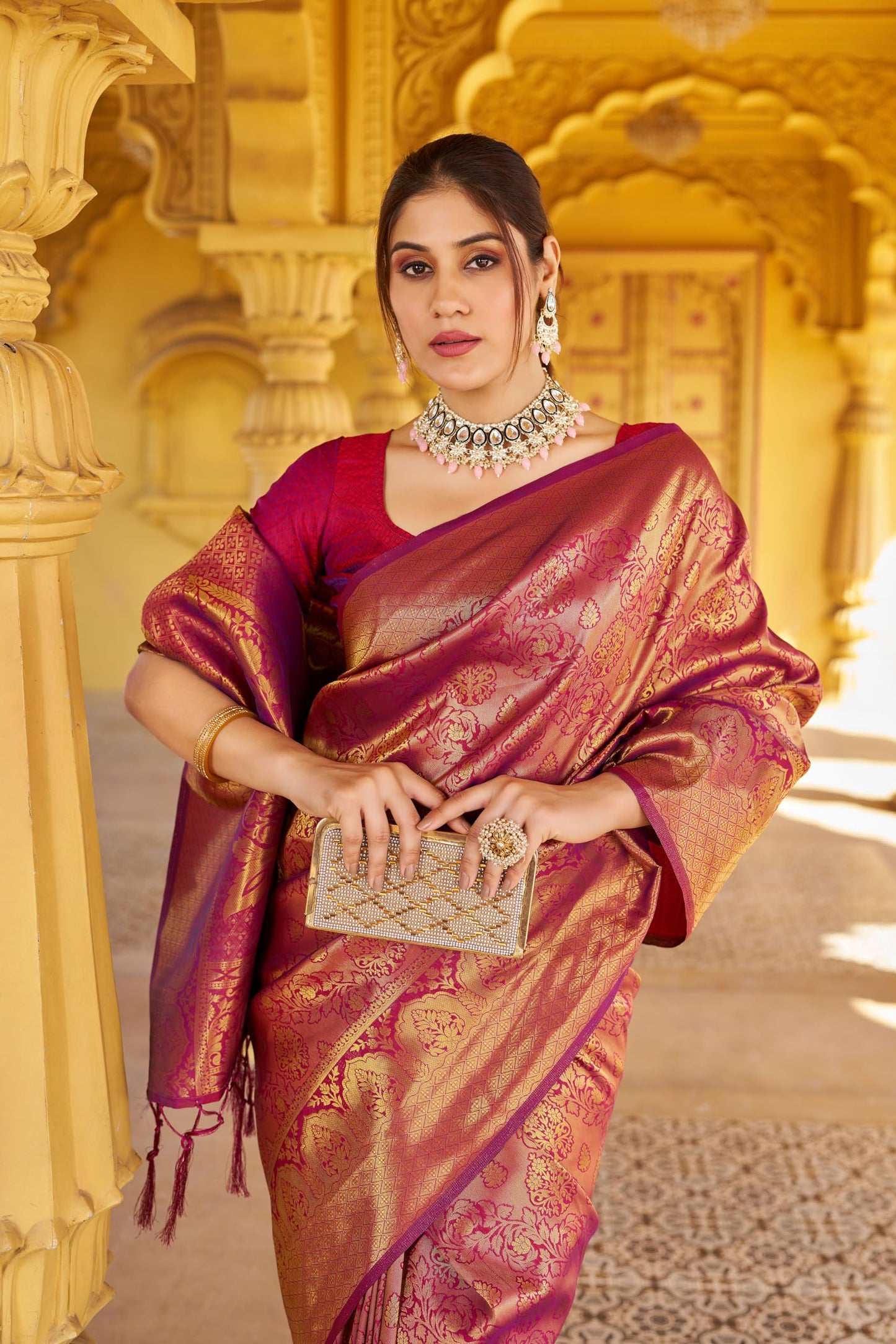 SWORNOF Womens Kanjivaram Silk Saree with Zari Woven Saree With Blouse Piece