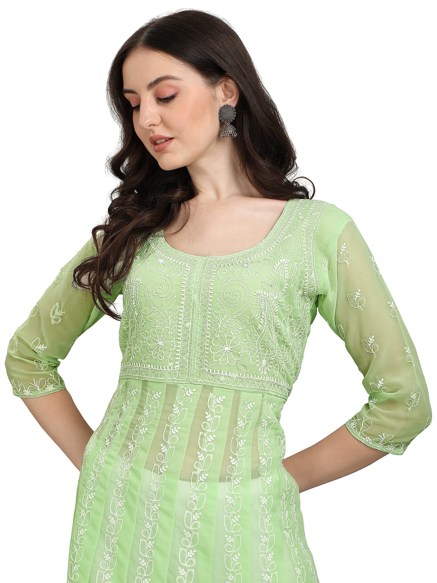 EthnicJunction Women's Lucknowi Chikankari Embroidered Thread Work Georgette Anarkali Kurta