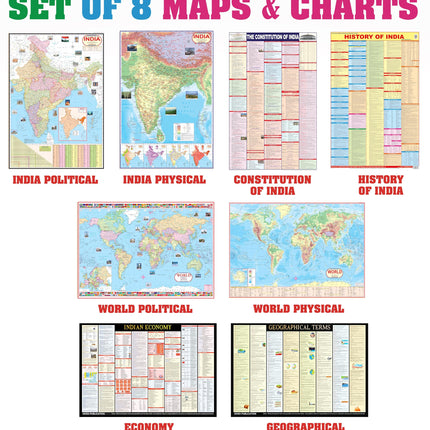 India & World Map ( Both Political & Physical ) with Constitution of India, Indian History, Indian Economy & Geographical Terms Chart | Set Of 8 | Useful for UPSC and other competitive exam preparation | by Hivex Publication 