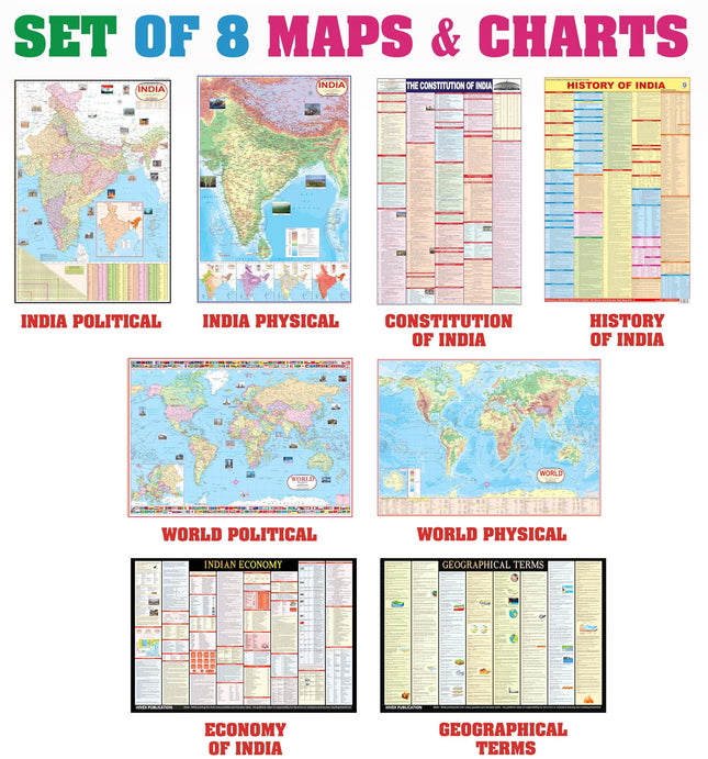 India & World Map ( Both Political & Physical ) with Constitution of India, Indian History, Indian Economy & Geographical Terms Chart | Set Of 8 | Useful for UPSC and other competitive exam preparation | by Hivex Publication 