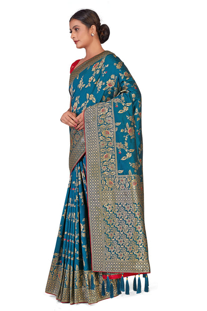 Monjolika Fashion Women's Banarasi Silk Blend Zari Woven Work With Tussles Saree and Embroidered Work Blouse Piece(37769 color)