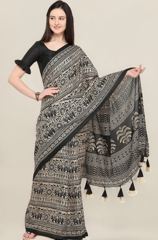 EthnicJunction Women's Silk Cotton Kalamkari Print Saree With Blouse Piece (EJ1201-16001-Black)