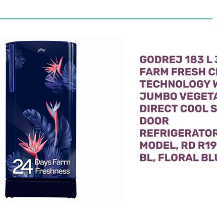 Godrej 183 L 3 Star Farm Fresh Crisper Technology With Jumbo Vegetable Tray Direct Cool Single Door Refrigerator(2023 Model, RD R190C THF FR BL, Floral Blue) by@Outfy