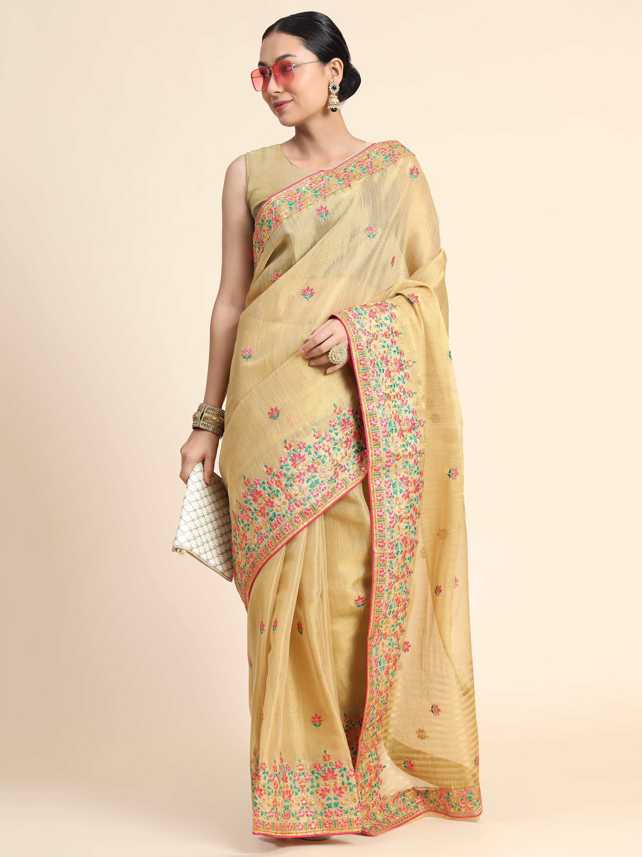 Gold Tissue Embroidered Panel Work Saree Chickoo Saris & Lehengas