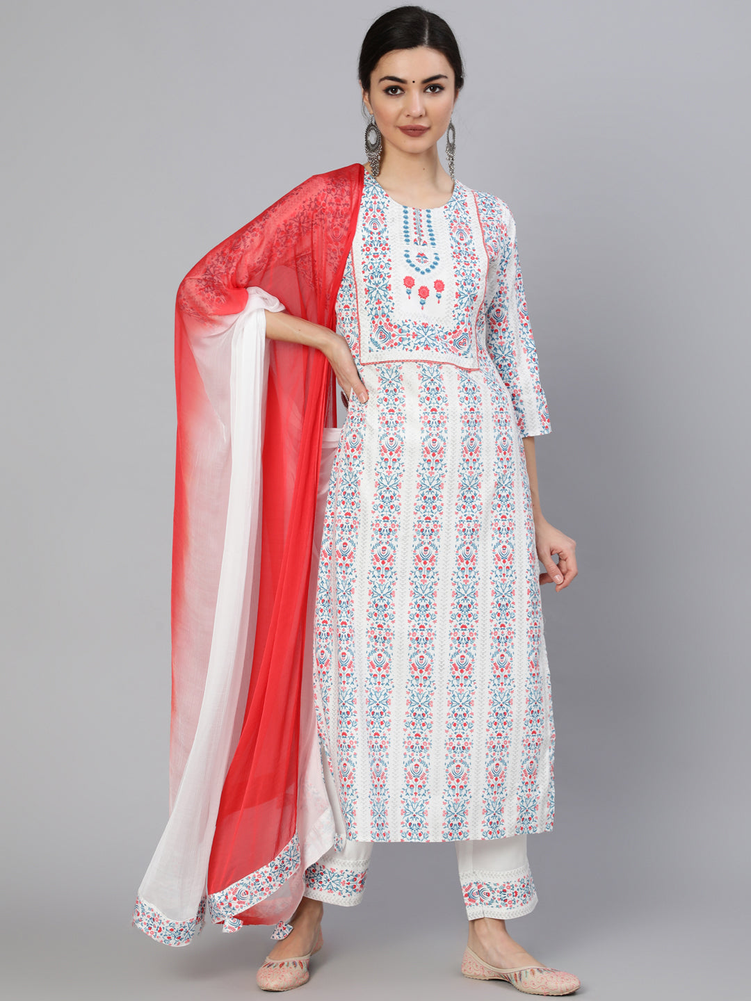 Rayon Slub Calf Length Printed Straight 3/4 Sleeve Round Neck Kurta Set Kurta Set