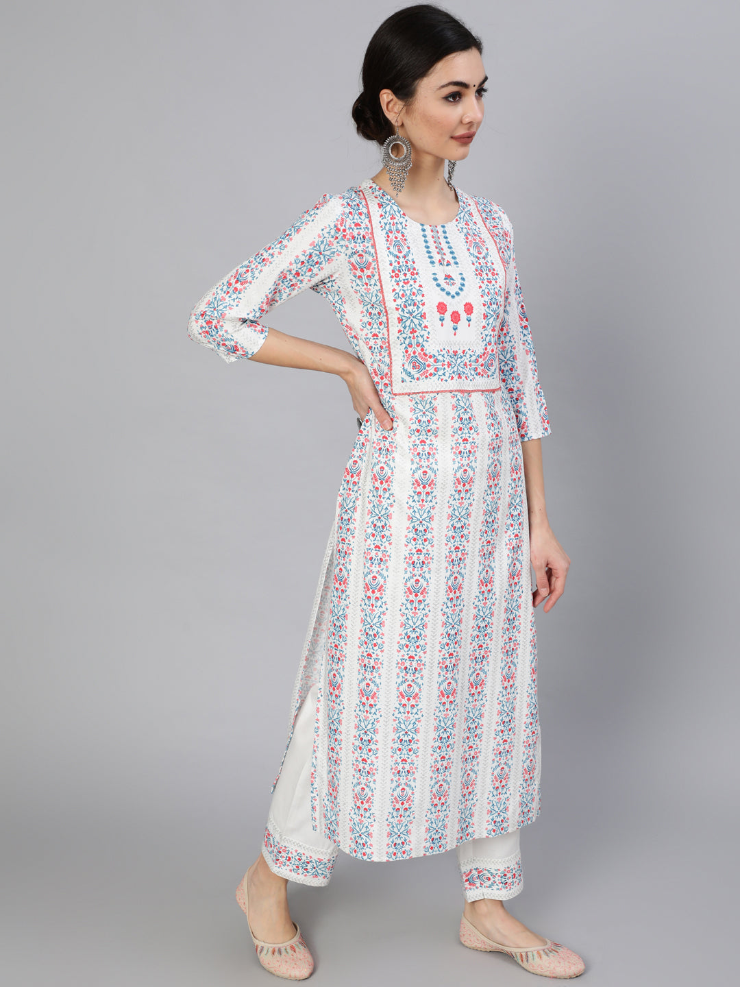 Rayon Slub Calf Length Printed Straight 3/4 Sleeve Round Neck Kurta Set Kurta Set