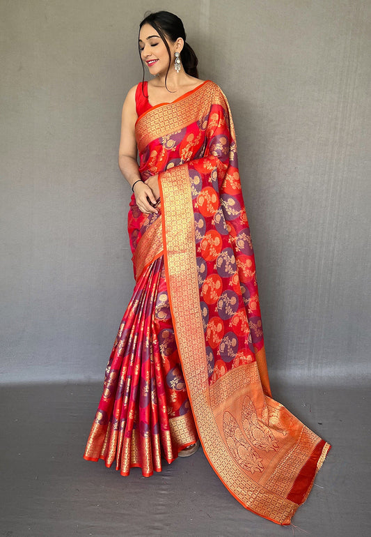 Tomato Red Aashi Organza Multicolor Jaal Contrast Zari Woven Saree Party wear Saree