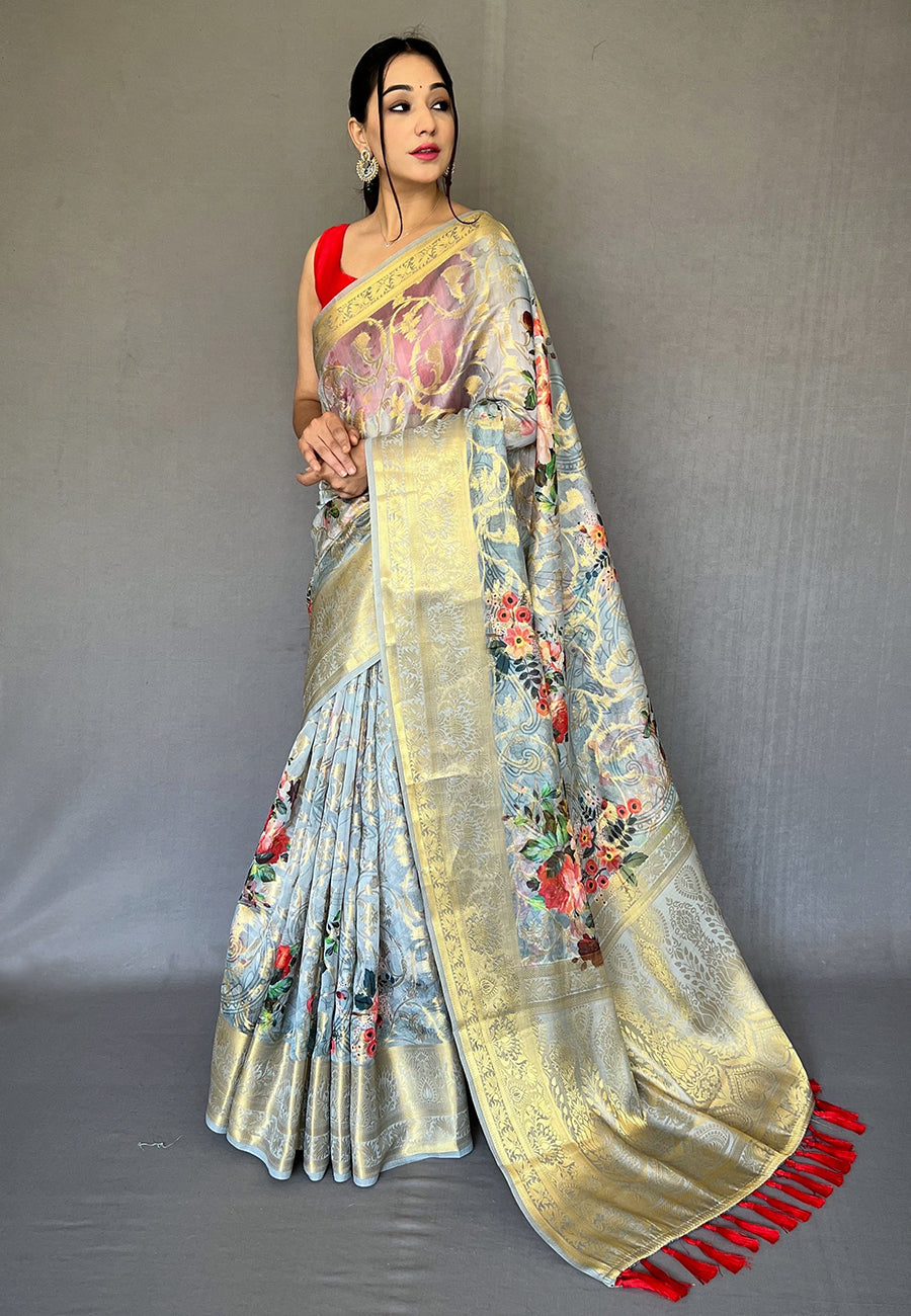 Bluish Grey Banarasi Kora Organza Anokhi Digital Vol. 3 Printed Woven Saree