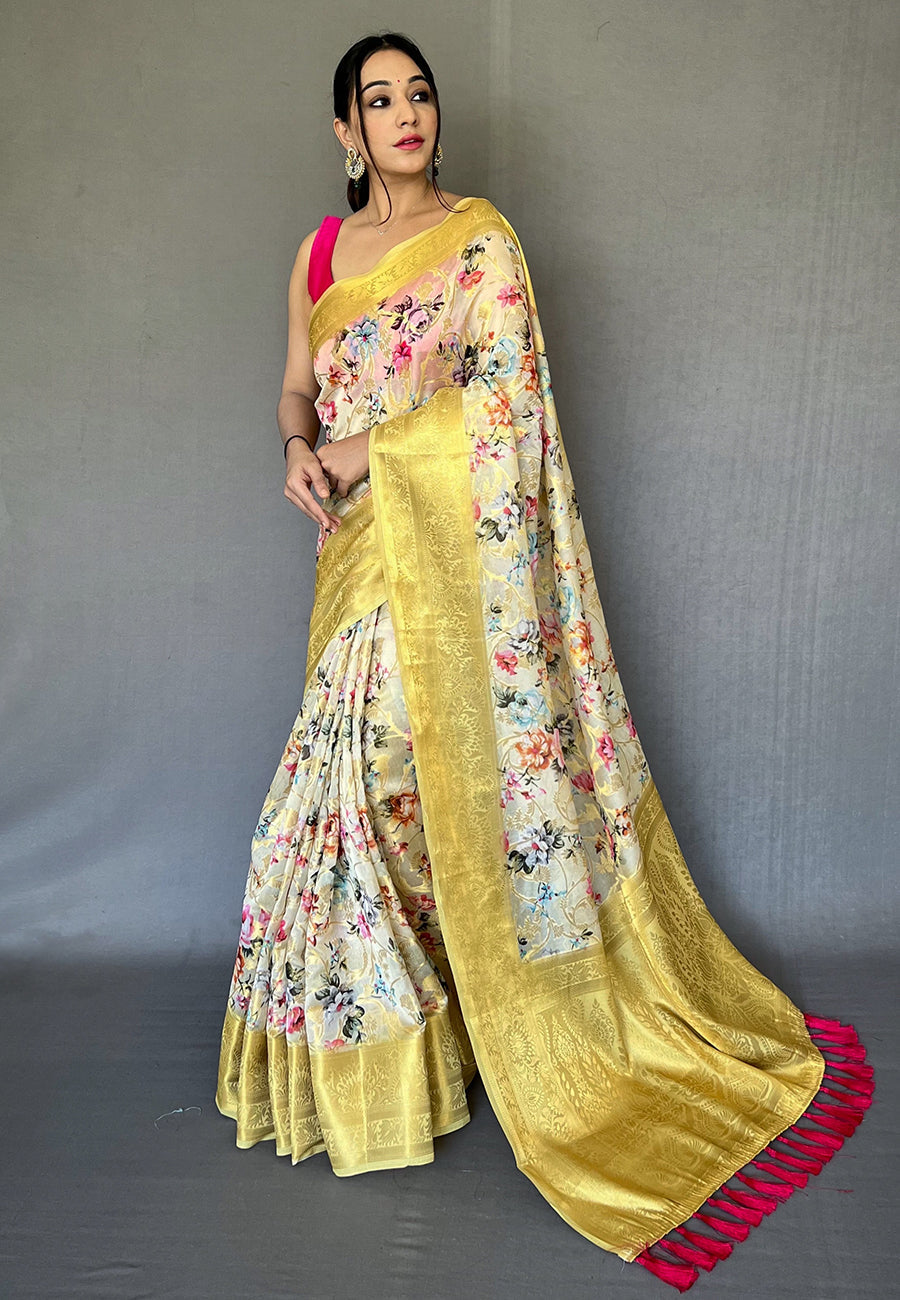 White Yellow Banarasi Kora Organza Anokhi Digital Vol. 3 Printed Woven Saree