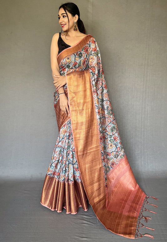 Grey Cotton Copper Zari Woven Kalamkari Digital Printed Saree