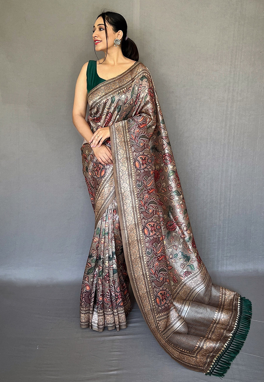 Ash Grey Diva Soft Silk Kalamkari Printed Saree