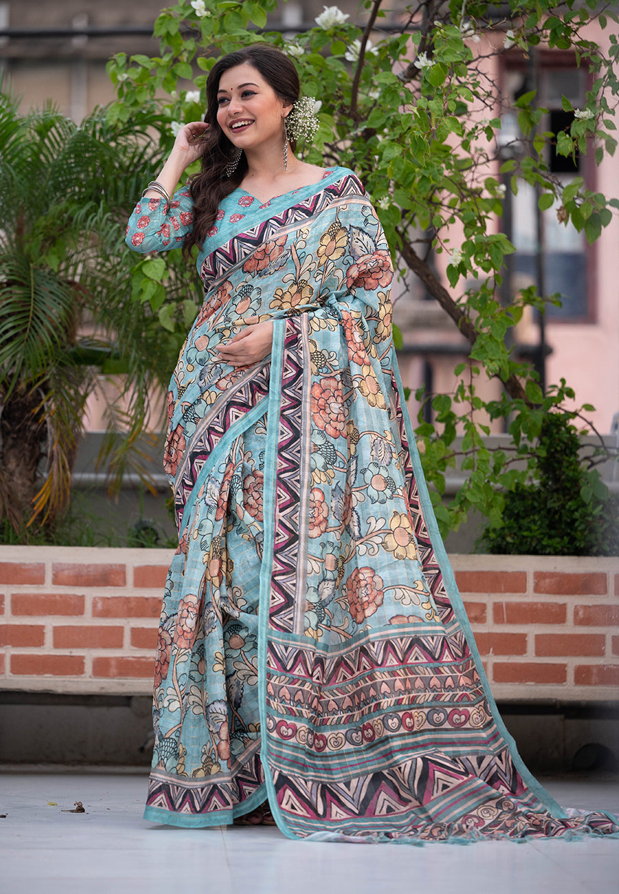 Pastel Blue Amita Linen Cotton Kalamkari Printed Saree
