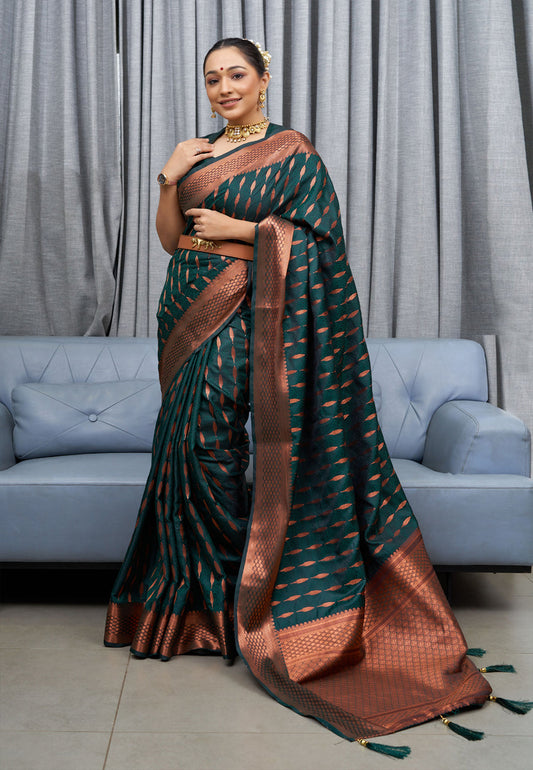 Jungle Green Saraswati Banarasi Silk Woven Saree