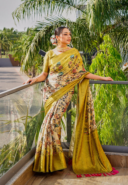 Luxor Gold Kora Muslin Silk Floral Printed Zari Woven Saree