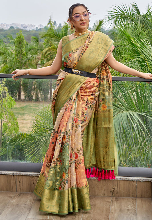 Salmon Peach Kora Muslin Silk Floral Printed Zari Woven Saree