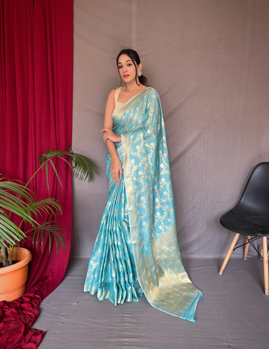 Cotton Rose Gold Woven Saree Blue