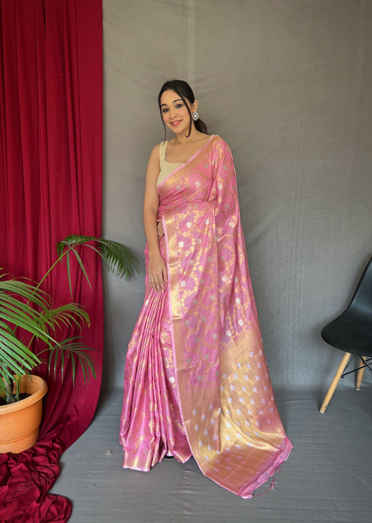 Cotton Rose Gold Woven Saree Pink