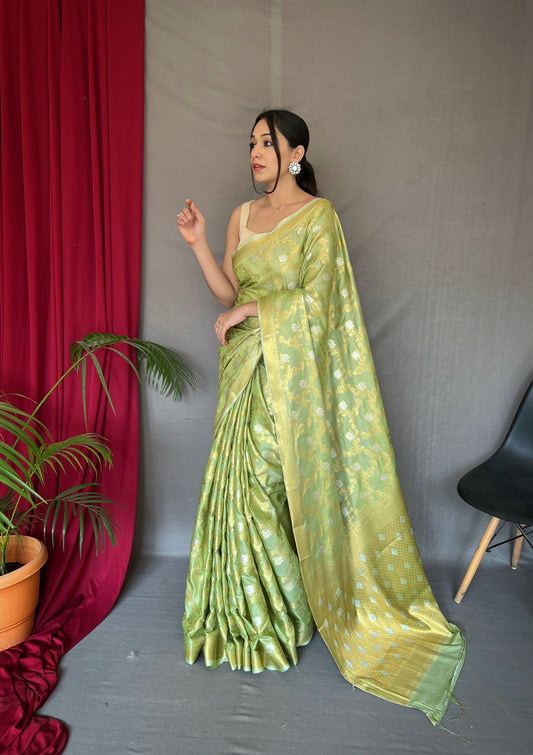 Cotton Rose Gold Woven Saree Pista Green