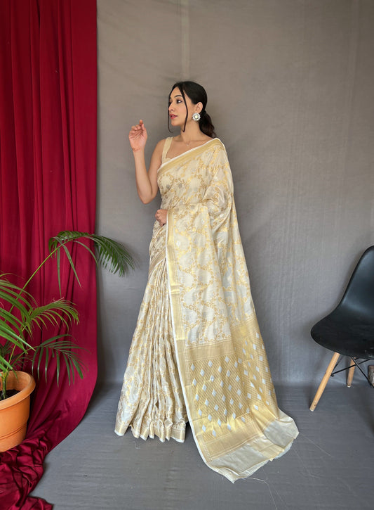 Cotton Rose Gold Woven Saree Ivory Cream