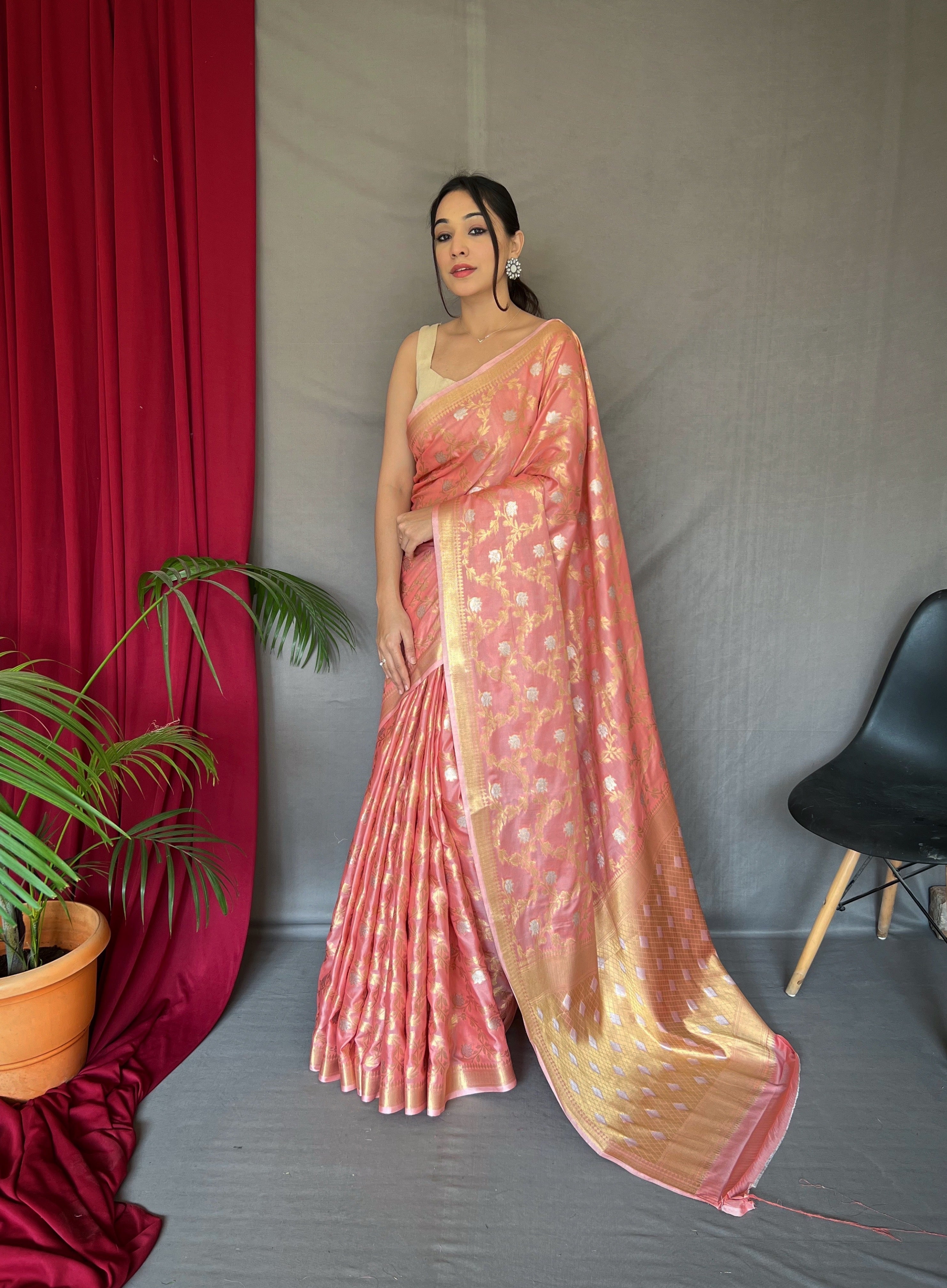 Cotton Rose Gold Woven Saree Peach