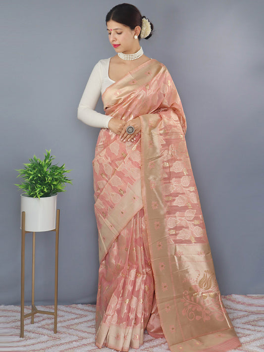 Lotus Cotton Linen Slub Jaal Woven Saree Dusty Pink