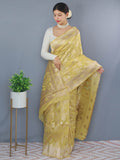 Lotus Cotton Linen Slub Jaal Woven Saree Yellow