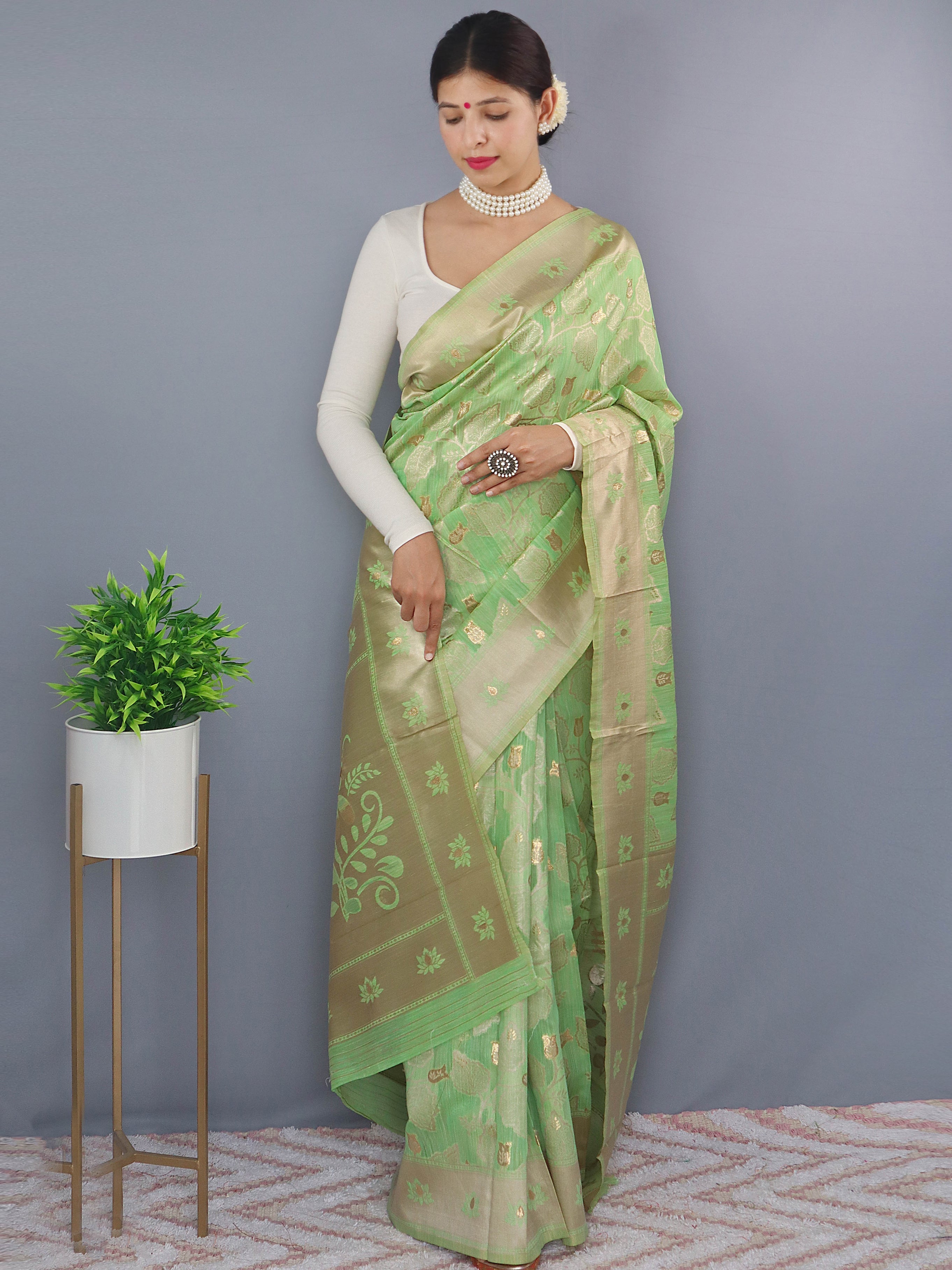 Lotus Cotton Linen Slub Jaal Woven Saree Pistachio Green