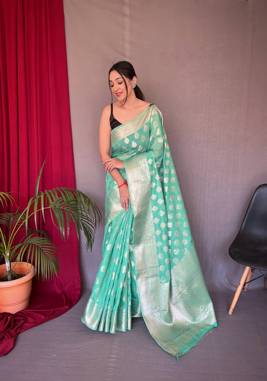 Seafoam Blue Man Mohini Cotton Muslin Woven Saree Saris & Lehengas