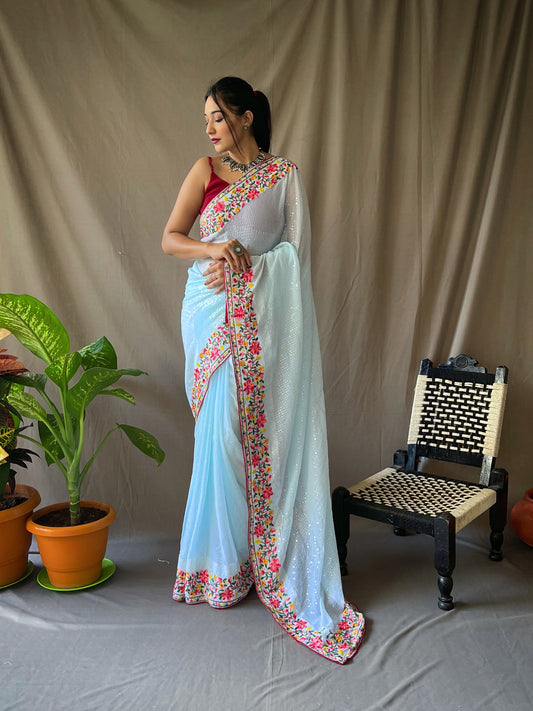 Blue Georgette Pre-Draped Lehenga Saree Set Design by Miku Kumar at  Pernia's Pop Up Shop 2024