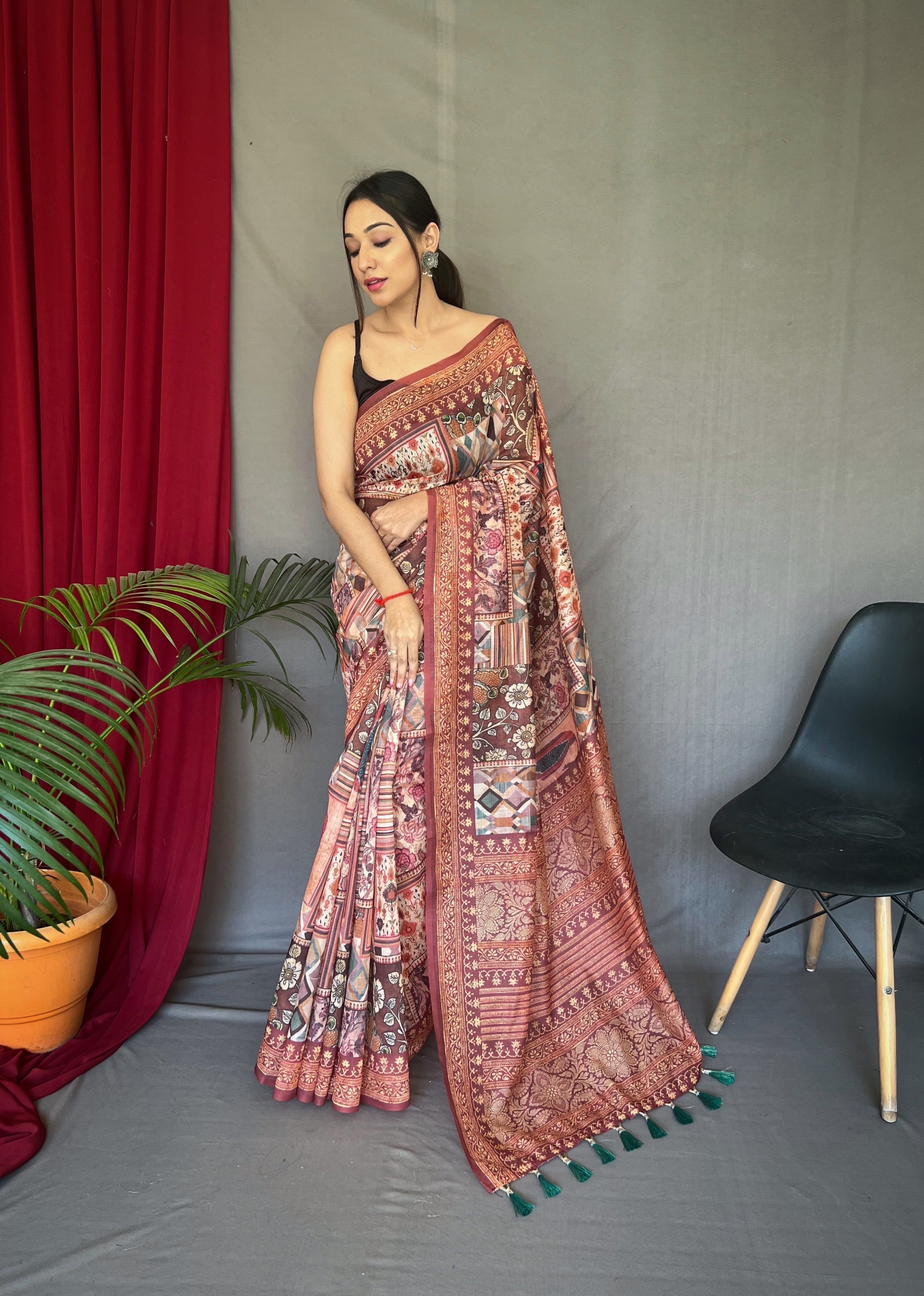 Brown Ajrakh Carpet Silk Cotton Printed Saree