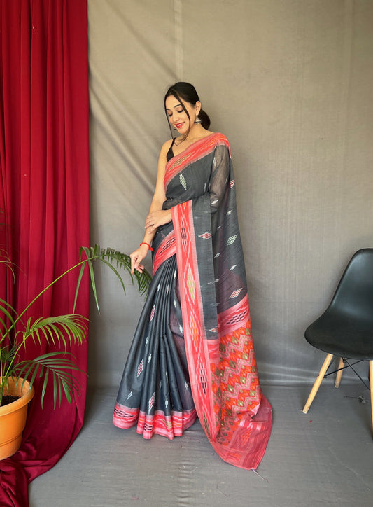 Charcoal Black Cotton Ikat Woven Saree Saris & Lehengas