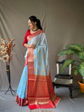 Linen Chaap Woven Carolina Blue Saris & Lehengas