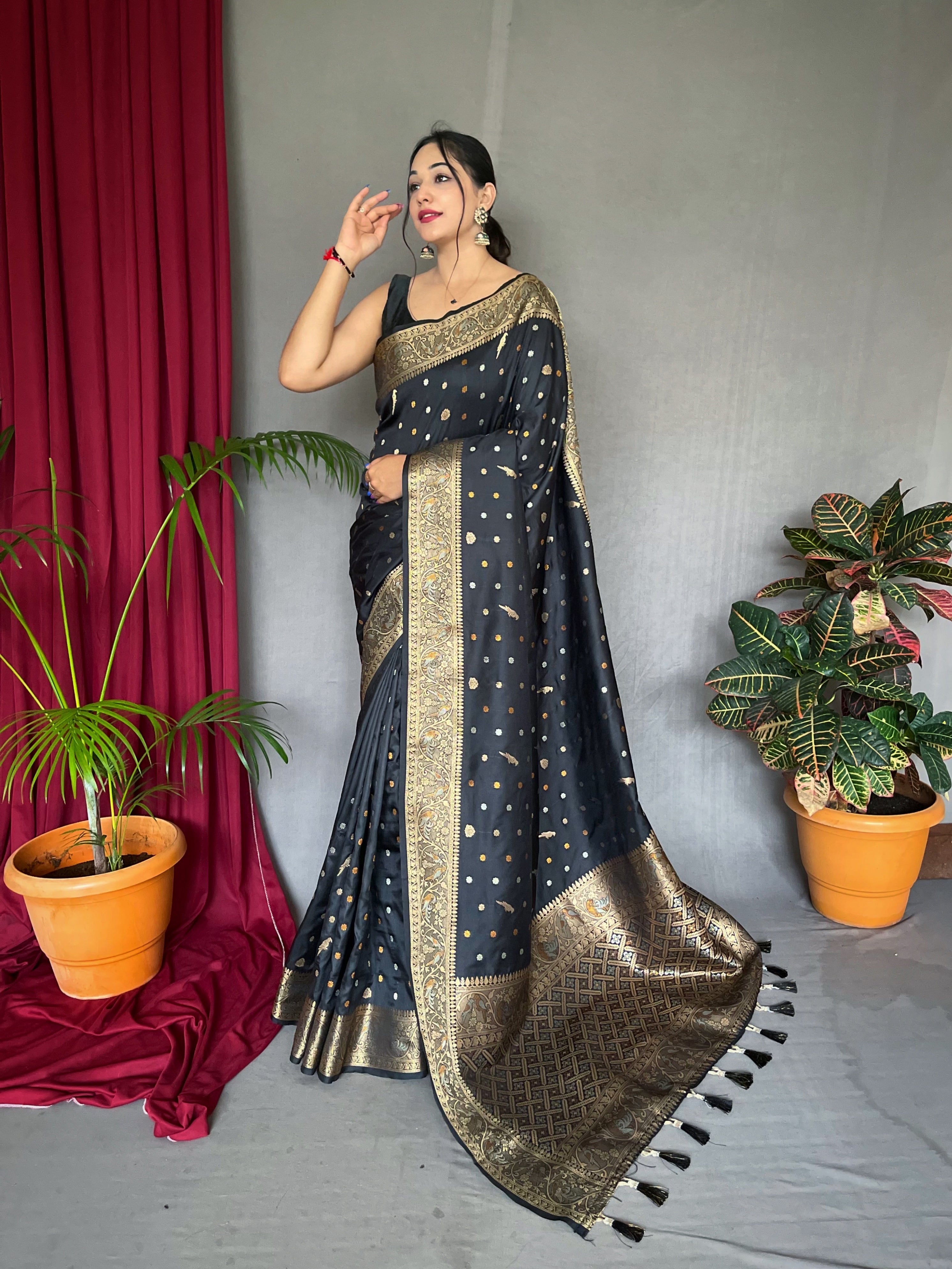 Soft Silk Multi Color Zari Woven Saree Black Saris & Lehengas