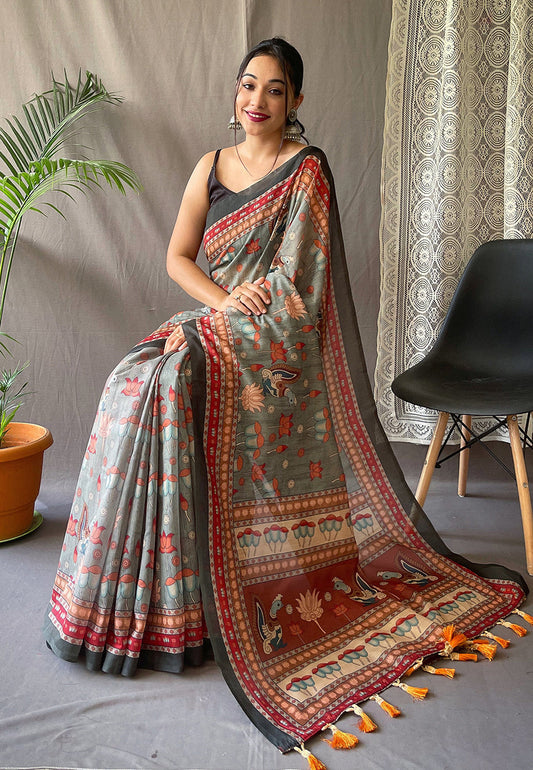 Kadambari Cotton Kalamkari Printed Saree Greenish Grey Saris & Lehengas