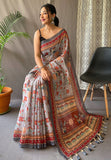 Kadambari Cotton Kalamkari Printed Saree Ash Grey Saris & Lehengas