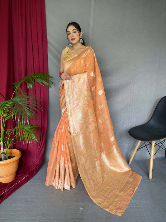 Ladli Cotton Slub Minakari Woven Saree Peach Orange