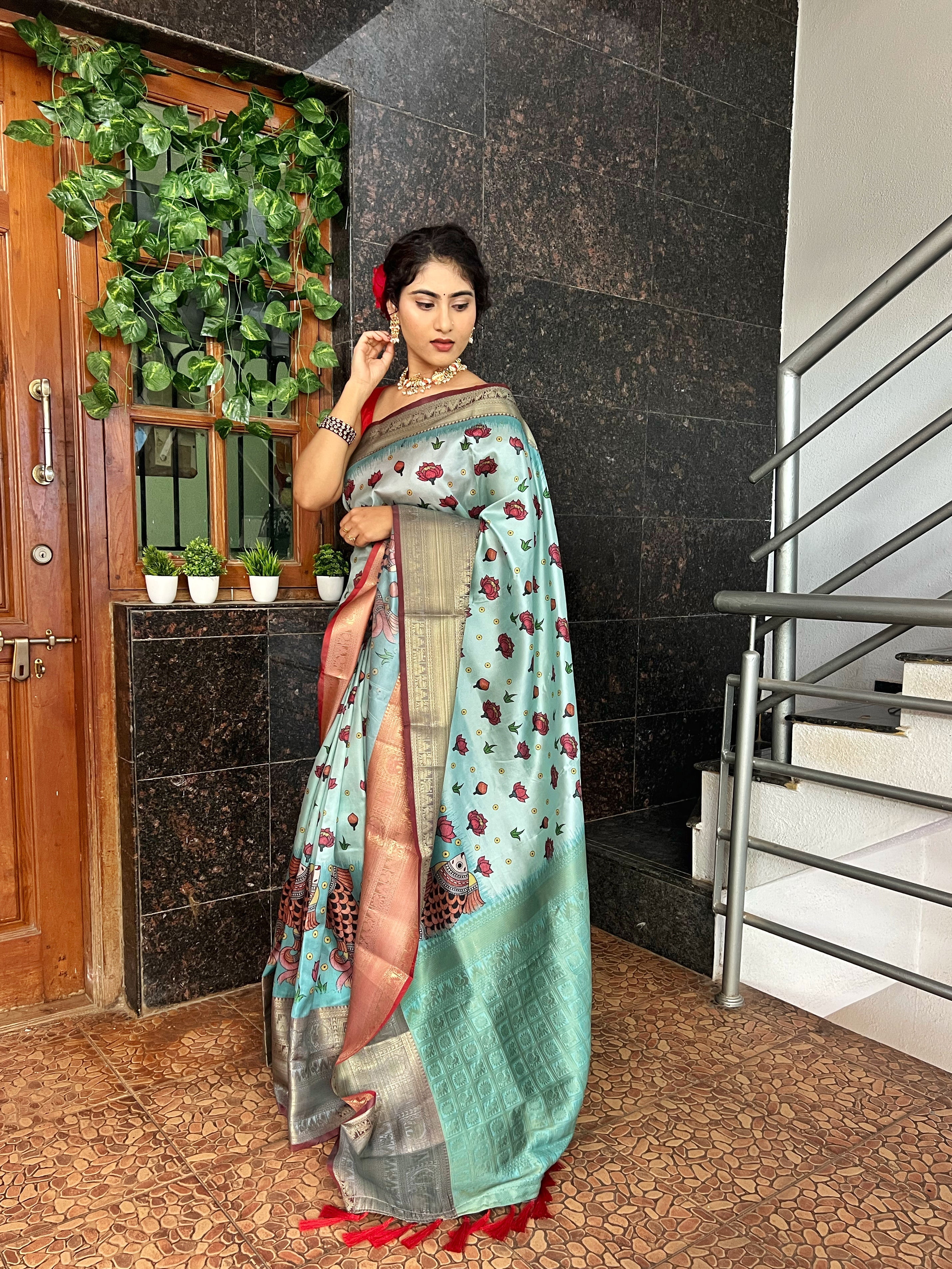 Gala Floral Kalamkari Printed Woven Saree Sky Blue Saris & Lehengas