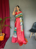 Shrikala Gala Chevron Kalamkari Printed Woven Saree Dark Green Saris & Lehengas