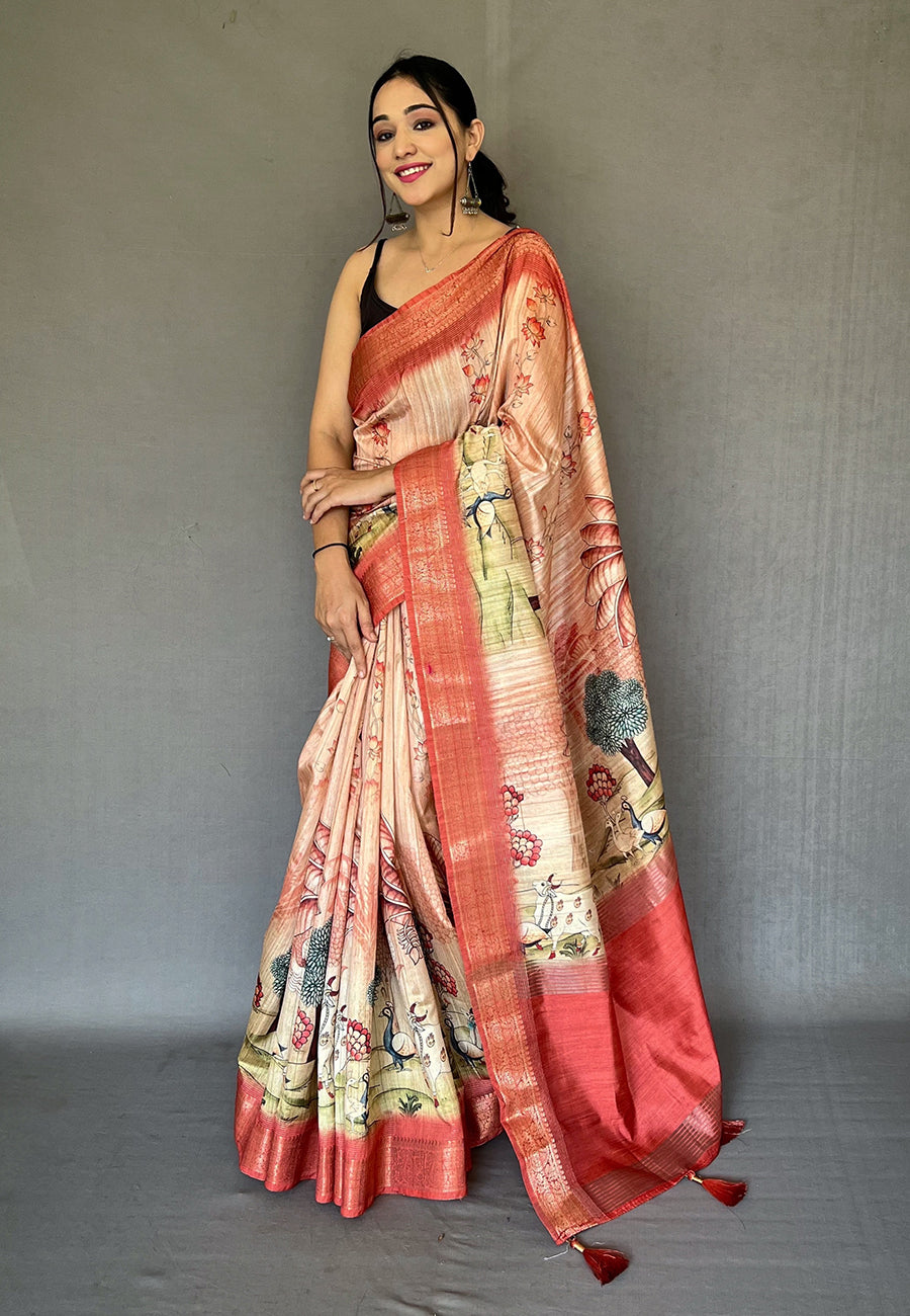 Coral Pink Gopika Pichwai Tussar Silk Woven Saree