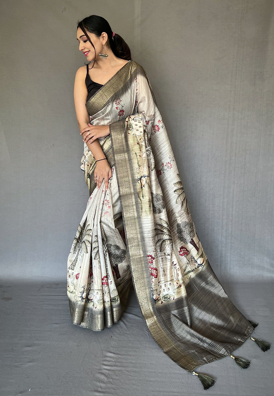 Carbon Grey Gopika Pichwai Tussar Silk Woven Saree