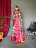 Kalamkari Gala Printed Woven Saree Off-White Pink Saris & Lehengas