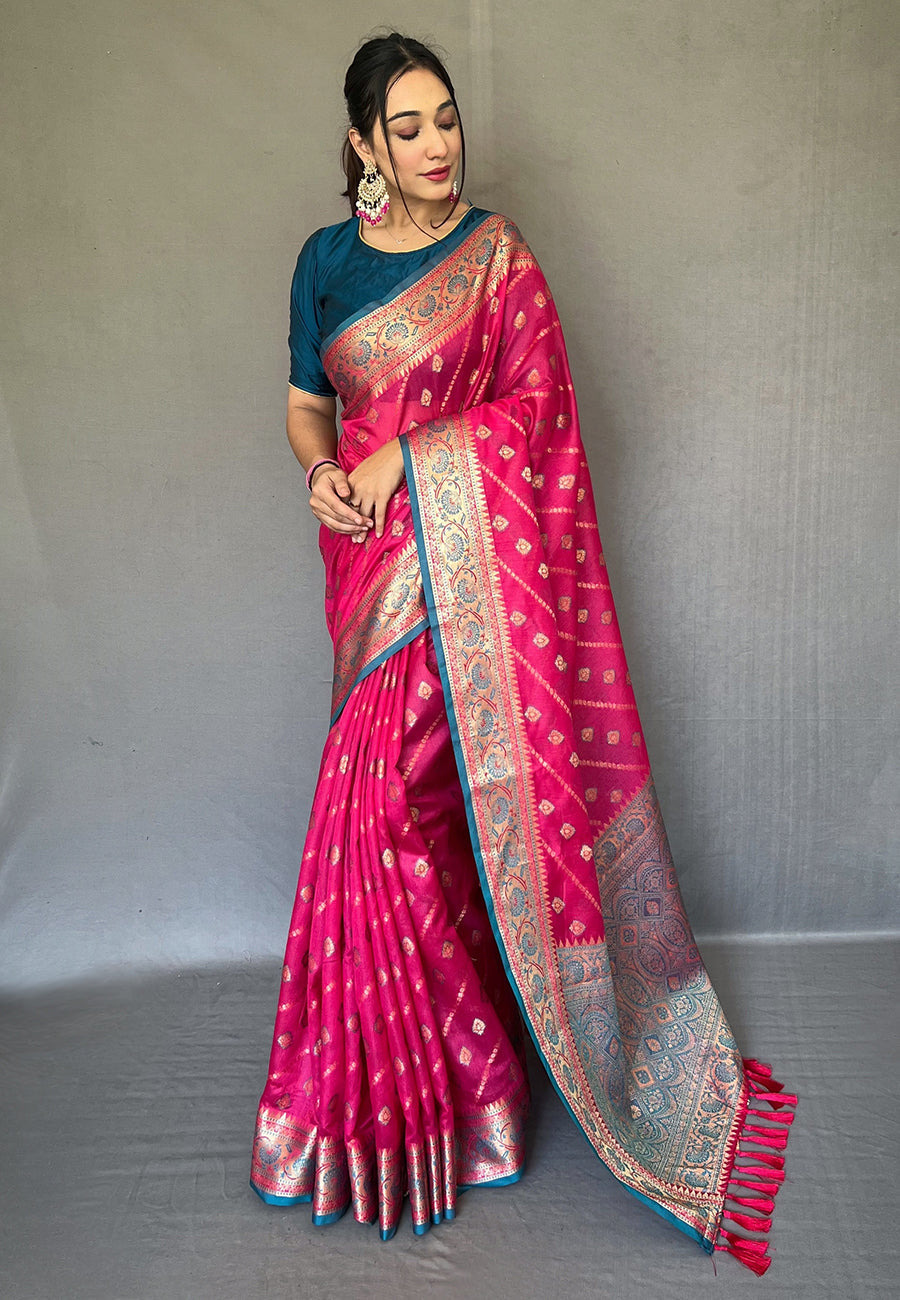 Dark Pink Apsara Cotton Silk Zari Woven Saree