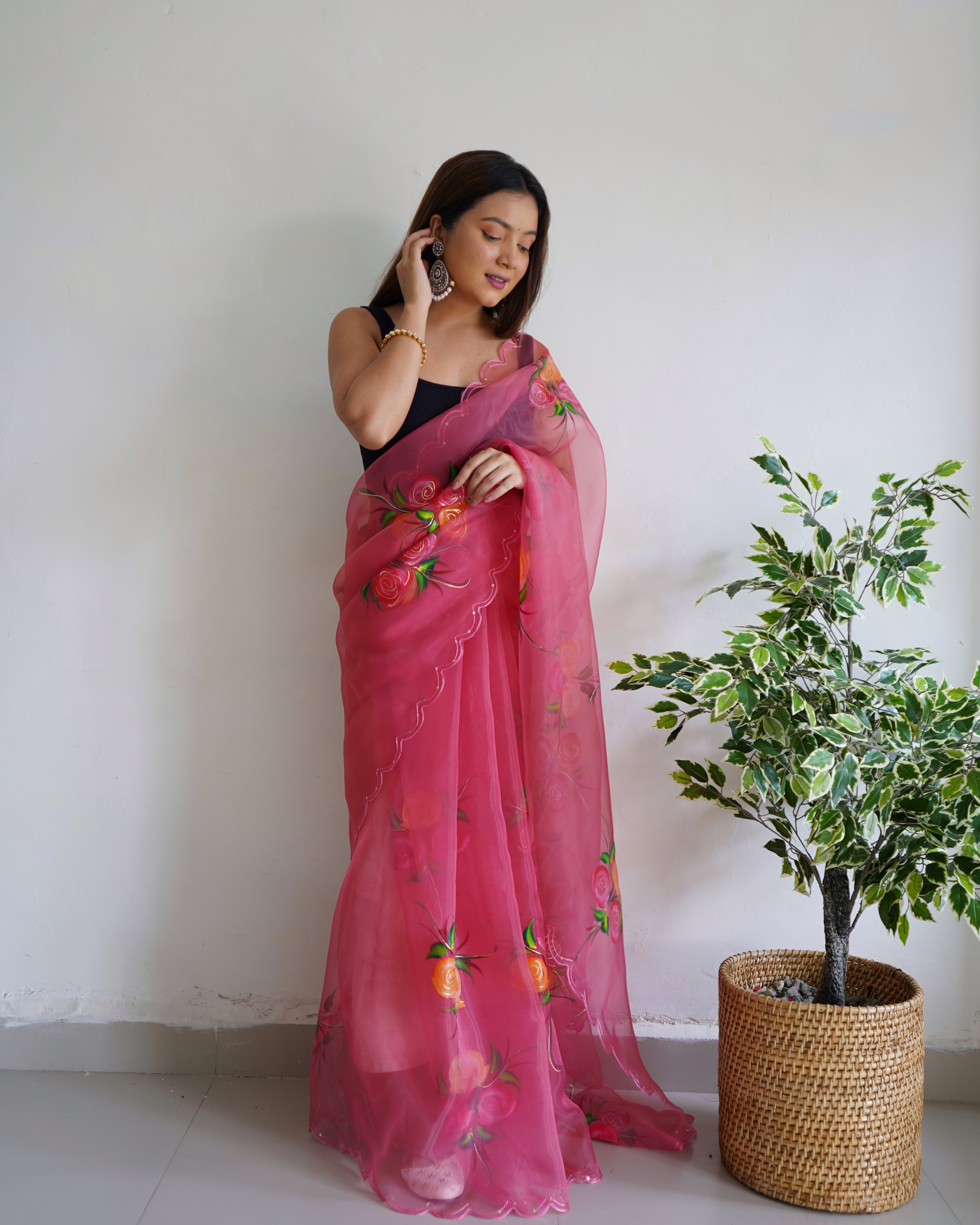 Organza Hand Painted Floral Saree Raspberry Rose