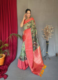 Manjulika Banarasi Silk Woven Saree with Kalamkari Prints Mehendi Green