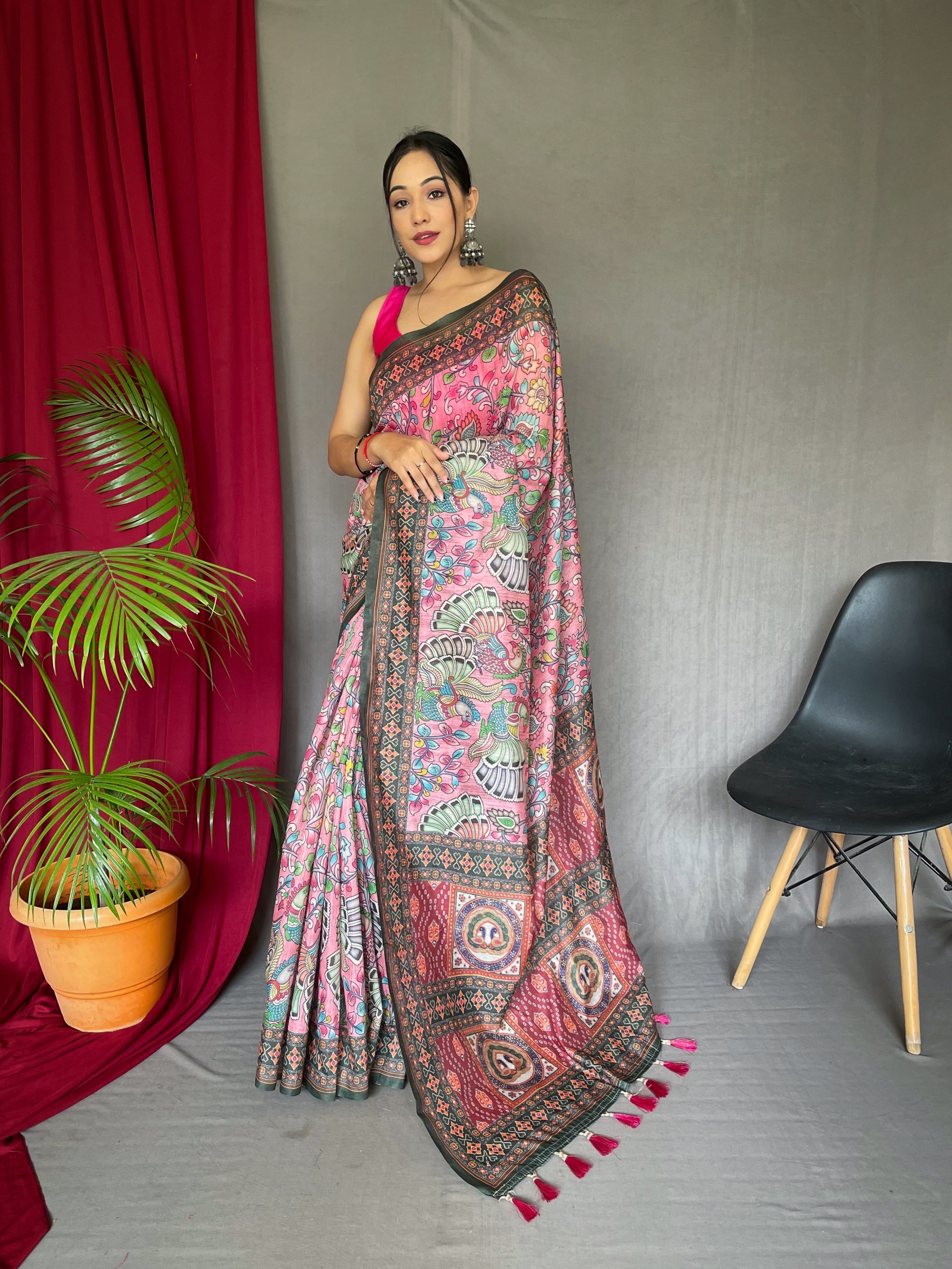 Cotton Bandhani Kalamkari Printed Saree Pink Saris & Lehengas