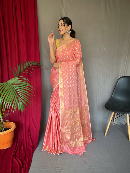 Shangrila Cotton Rose Gold Woven Saree Coral Pink