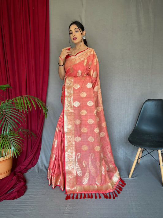 Kanika Cotton Silk Woven Saree Coral Pink